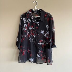 2 Piece Black Floral Sheer Blouse and Tank Top Set 14W/16W